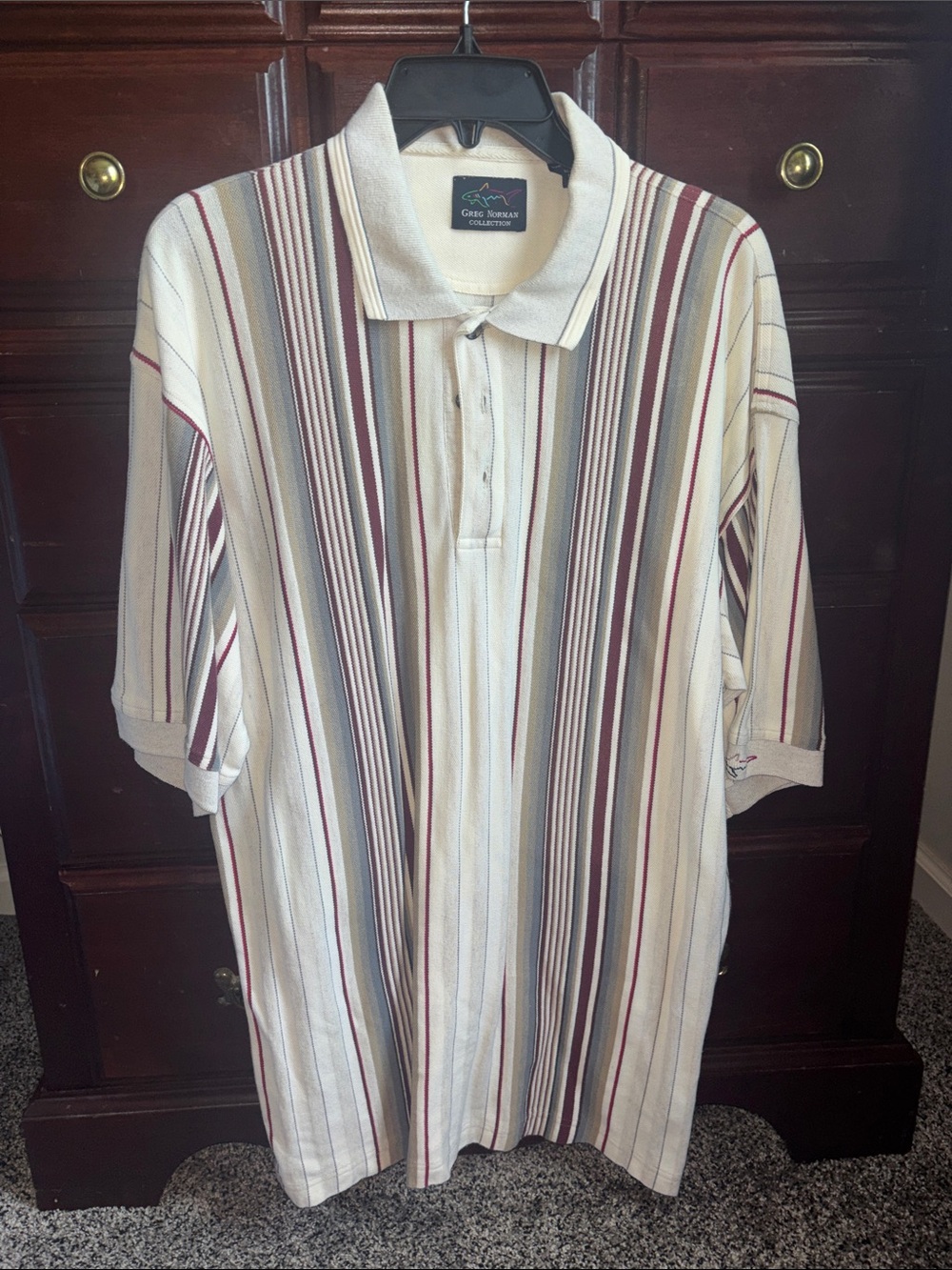 Greg Norman Collection Cream Polo with Burgundy and Gray Stripes